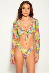 Yellow Red Floral Long Sleeve Three Piece Swimsuit Areous